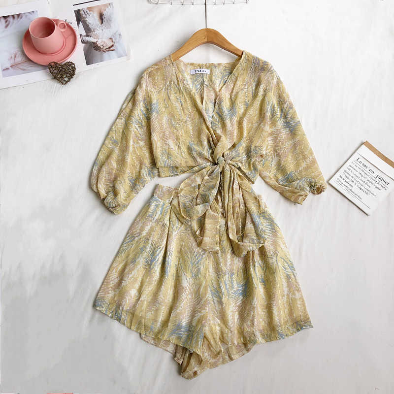 LY VAREY LIN Summer Women Bohemian Vintage Two Piece Set V-neck Lace-up Chiffon Shirt+High Waist Wide Leg Shorts Suit 210526