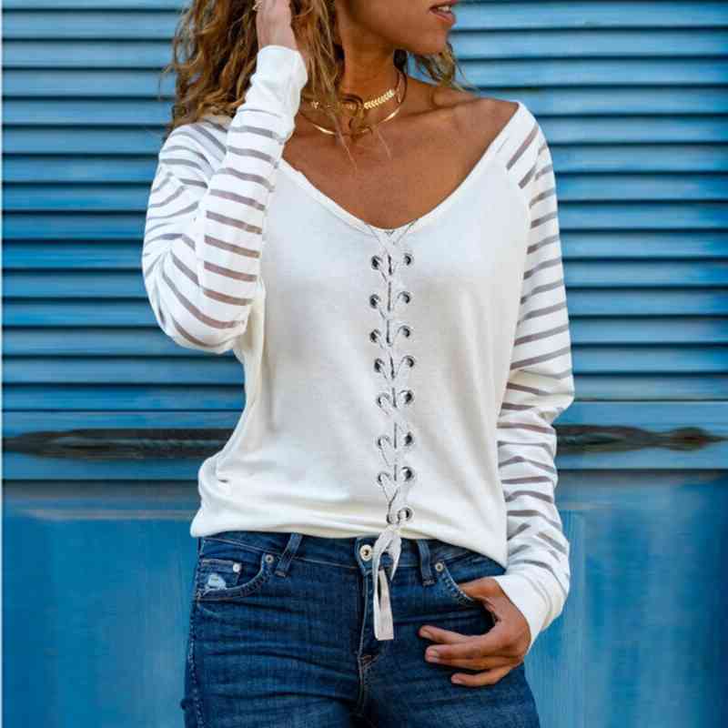 Women T Shirt Tops Female V Neck Elegant Striped Patchwork Pullover T-Shirt Fall Long Sleeve Top Ladies t shirts y2k top 210515