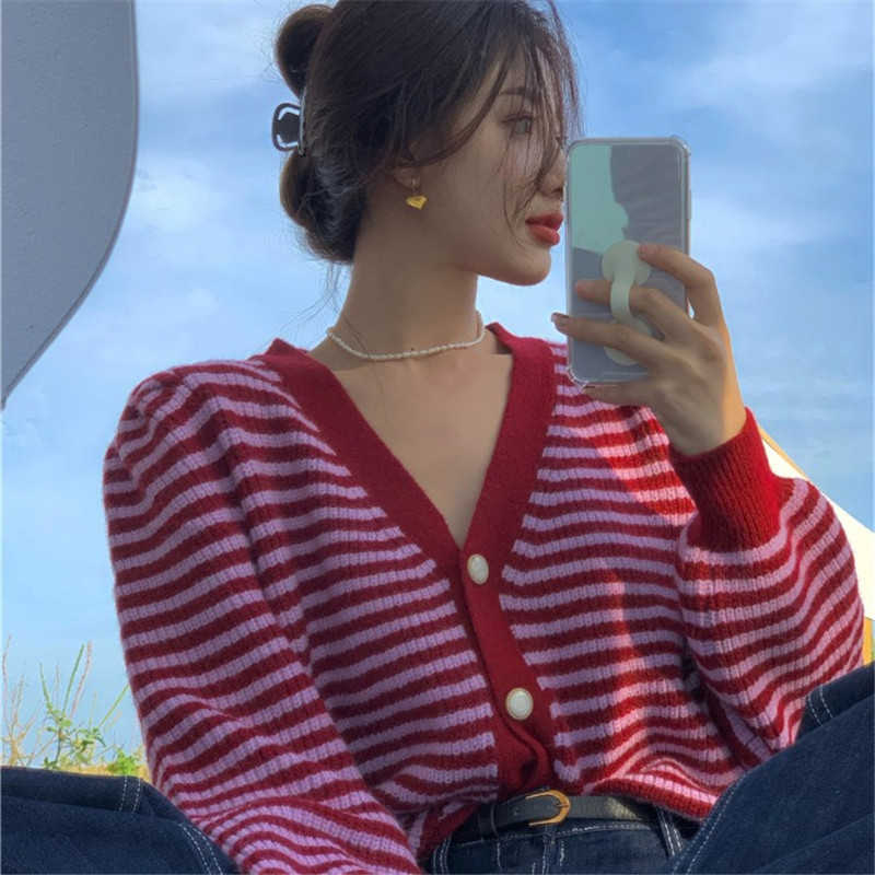 Korean Stripe Cardigan Sweater Causal Puff Long Sleeve V-neck Women Knitted Coat Spring Knitwear Tops 6F113 210603