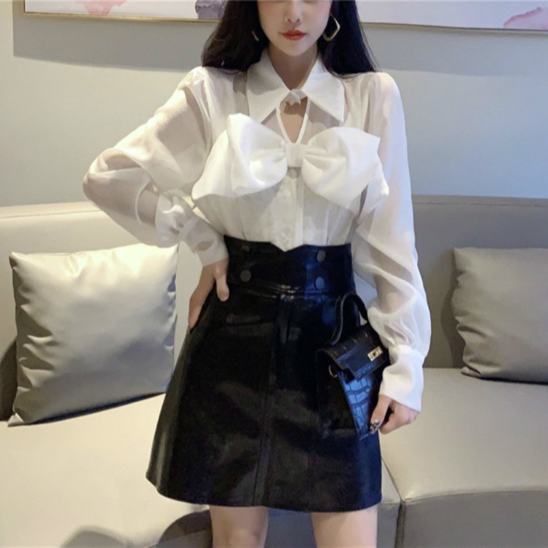 Nomikuma Korean Sweet Bowknot Blouse Shirt Causal Hollow-out Women Tops Spring New Lantern Sleeve Solid Blusas Mujer 6D986 210427