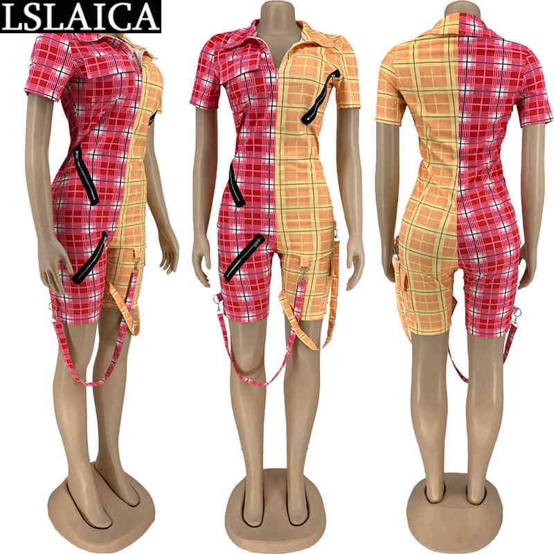 Casual Jumpsuits Plaid Printing Color Matching Clothes for Women Patchwork Slim Zipper Fashion Arrival Cortos De Mujer 210520