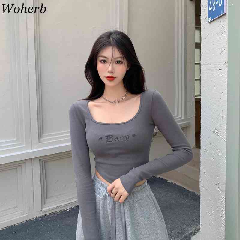 Knitted T-shirt Women Summer Square Neck Short Pullover Shirt Letter Embroidery Tees Casual Long Sleeve Basic Crop Tops 210519