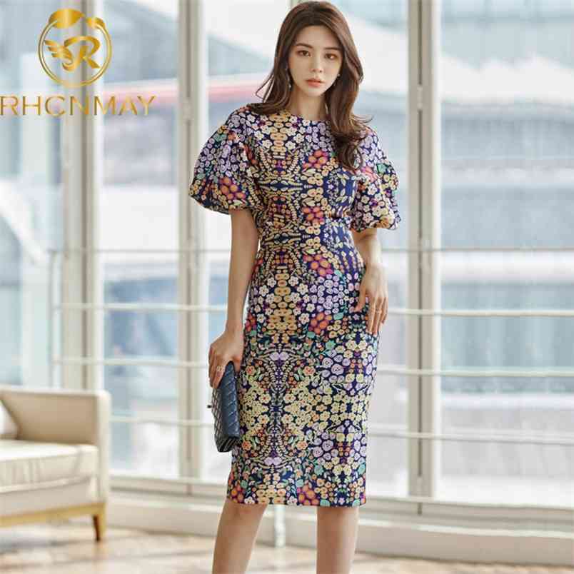 Summer Women Skirt Set Fashion Print Lantern Sleeve Shirt Tops + High Waist Pencil Skirts Suit 210506