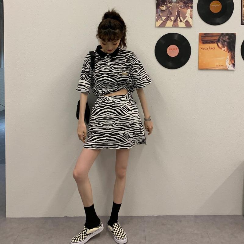 Fashion Ladies Stripe Print Two Piece Set Streetwear Women Summer Bandage Crop Top Skirt Tracksuit 2 2021 Dress