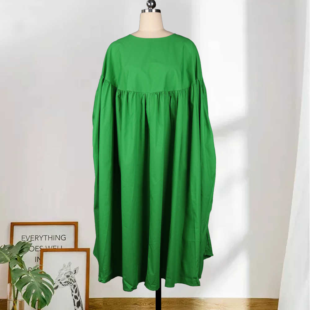 Women Loose Dresses O Neck Pleated Casual Fashion Large Size Ladies Female African Fashion Spring Summer Baggy Robes 210630