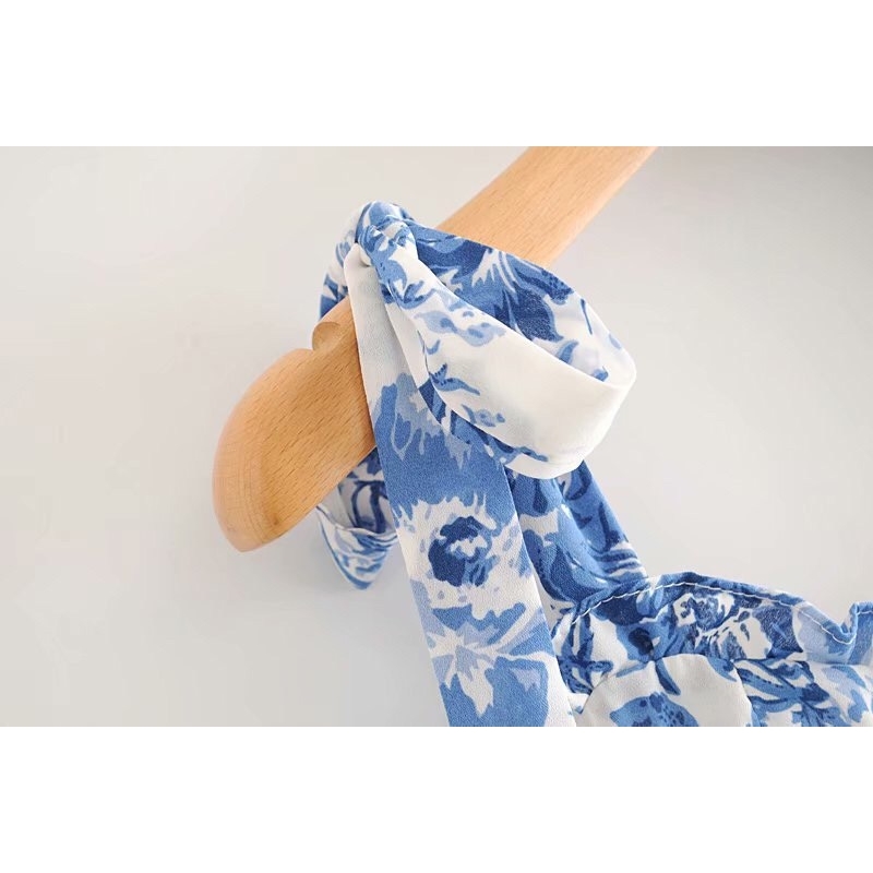 Vintage French Style Blue White Floral Women Dress Tie Bow Strap Sleeveless Sexy Beach Party Female 210429