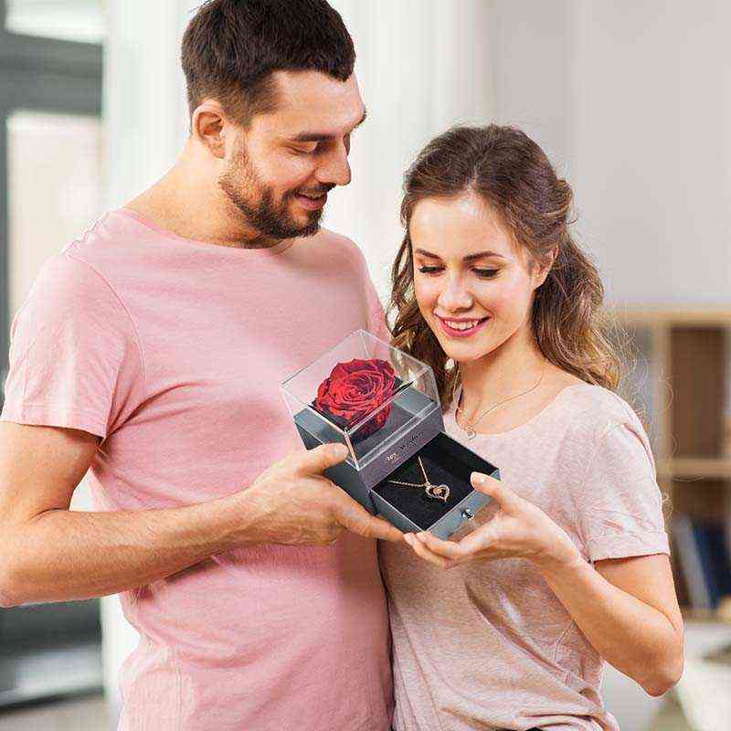 Natural Eternal Rose Jewelry Box /w 100 Languages Love Necklace Preserved Flowers Proposal Ring Case Valentine's Christmas Gifts 211108