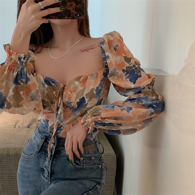 Sexy Lace Up Square Neck Flare Sleeve Blouse Women Oil Painting Printing Short Shirts Full Chic Fashion Blusas Mujer De Moda 210429