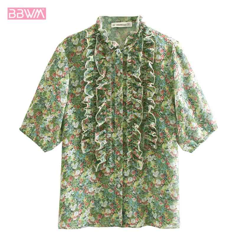 Women's summer floral print ruffled lapels single-breasted short-sleeved shirt women Wooden eared Harajuku Female tops 210507
