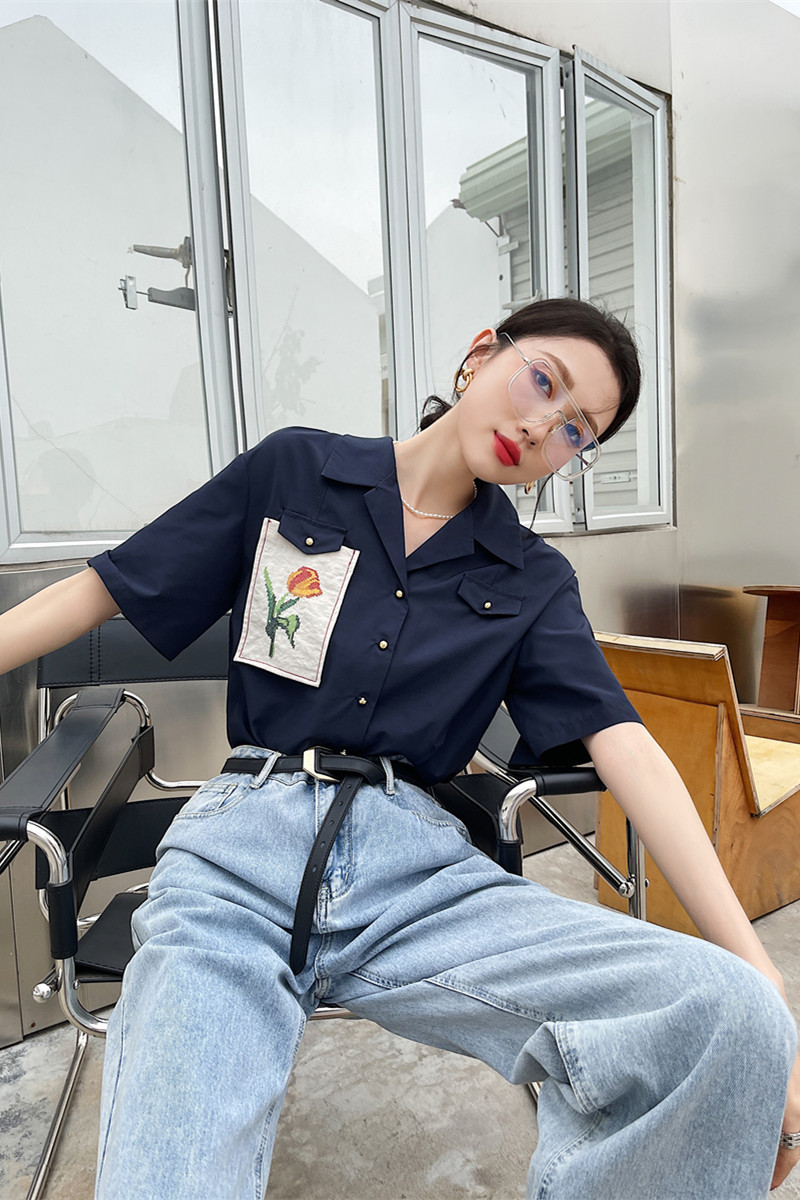 Summer Fashion Royal Blue Shirt Wome Short Sleeve Patch Button Up Collared Lapel Casual Top And Blouse 210427