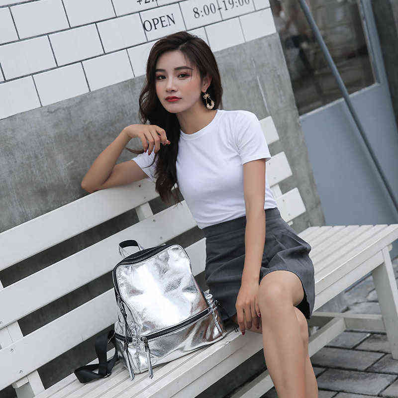 2021 Summer Larger Capacity School Shoulder Bag Casual PU Women Anti-theft Backpack Silver Reflective Backpacks Sac A Dos Y1105