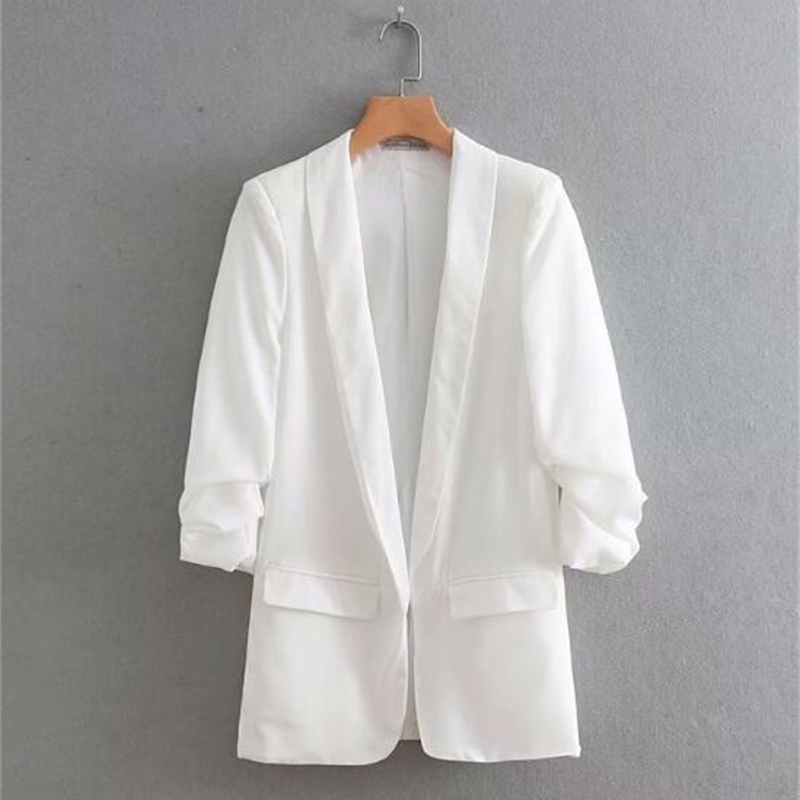 Chic Candy Solid Color Ruched Cuff Mid Long Blazer With Lining Woman Shawl Collar Slim fit Suit Casual Jacket Coat Outerwear 210429