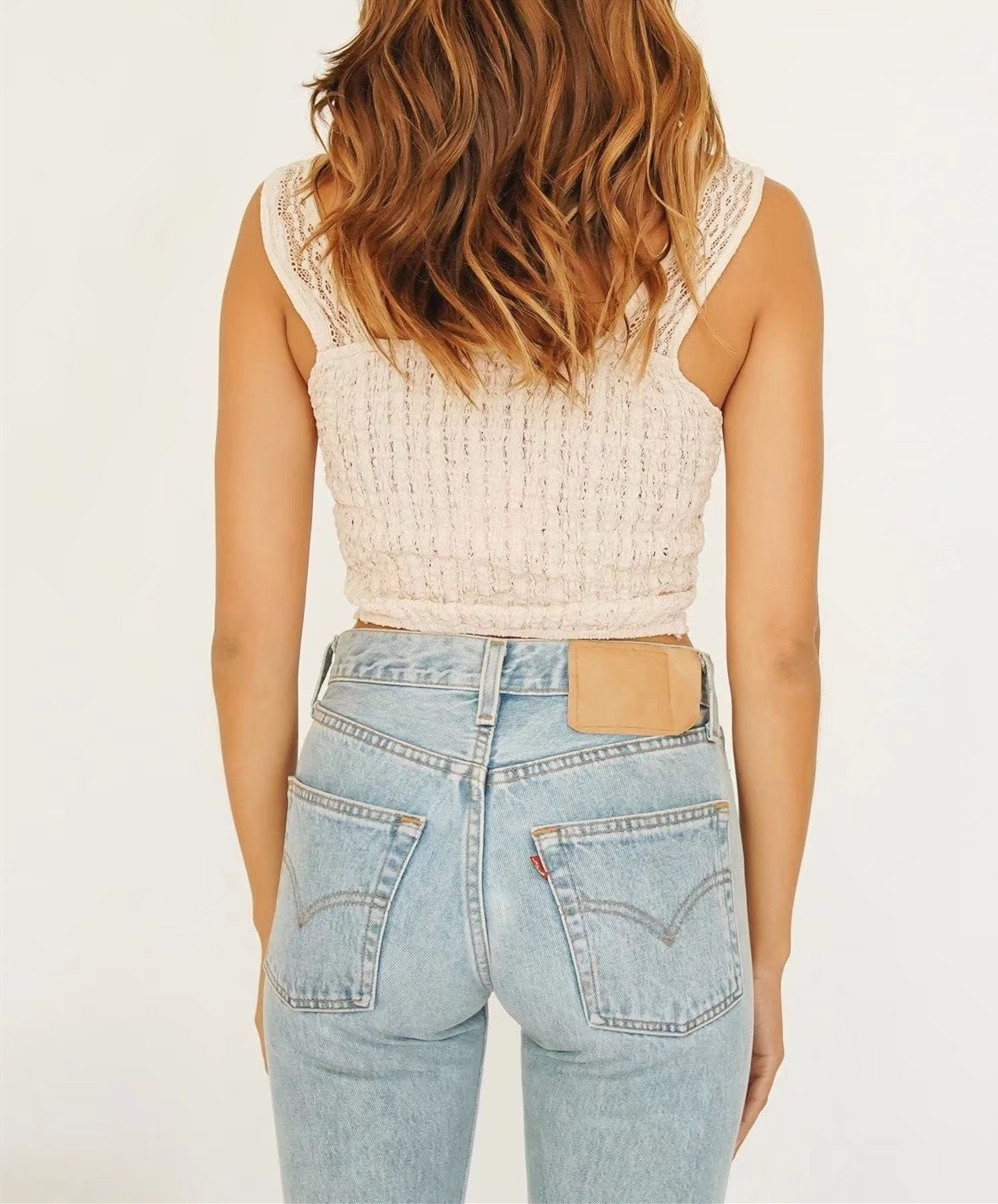 Sexy Covered Buttons Hollow Out Lace Short Tank Top Women Sleeveless Back Elastic Ruched Camisole Cropped Summer Cami 210429