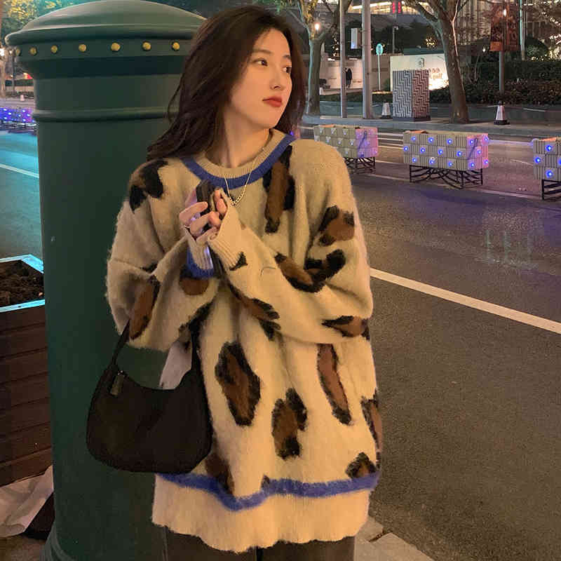 3Colors womens knitted Sweater Autumn and winter loose korean style female Leopard Sweaters and pullovers womens (C8200) 210423