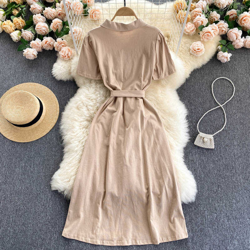 DEAT Women Black Belt Dress Turn-down Collar Short Sleeve Arrivals Lady Temperament Fashion Spring Summer 11D581 210709