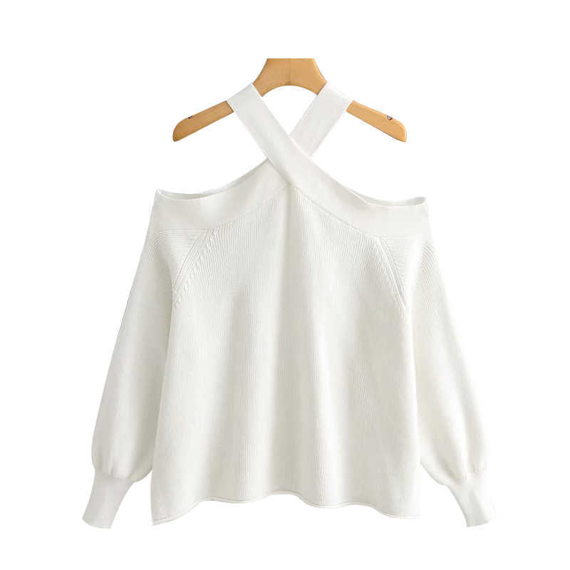 ZA Vintage Stylish Strapless Loose Knitted Sweater Women Fashion O Neck Long Sleeve Female Pullovers Chic Tops 210602