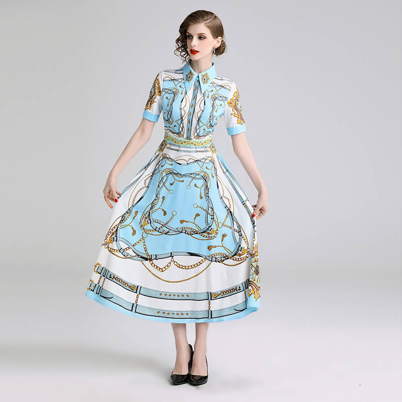 Comelsexy Summer Women Short Sleeve Turn Down Collar Chain Print Long Dress Vintage Blue Contrast Color Maxi Dress Vestidos 210515