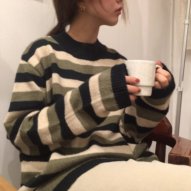 2 colors Autumn Winter Women Pullovers And Sweaters Jumper preppy style soft Warm stripe knitted Sweater Female (C9022) 210423