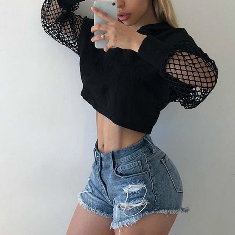 Kimutomo Women Letter Printing Hoodie Summer Female Fishnet Patchwork Long Sleeve Short Pullovers Streetwear Fashion 210521