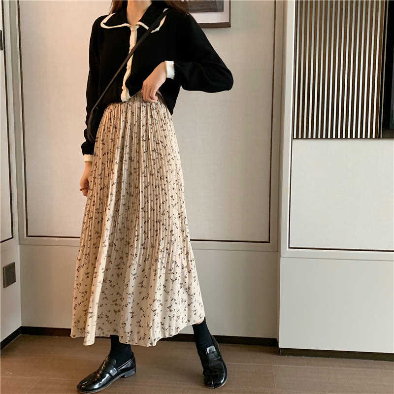 Vintage Floral Print A-line Pleated Long Skirts winter Women Korean Streetwear Drawstring Elastic Waist Midi lined 210619