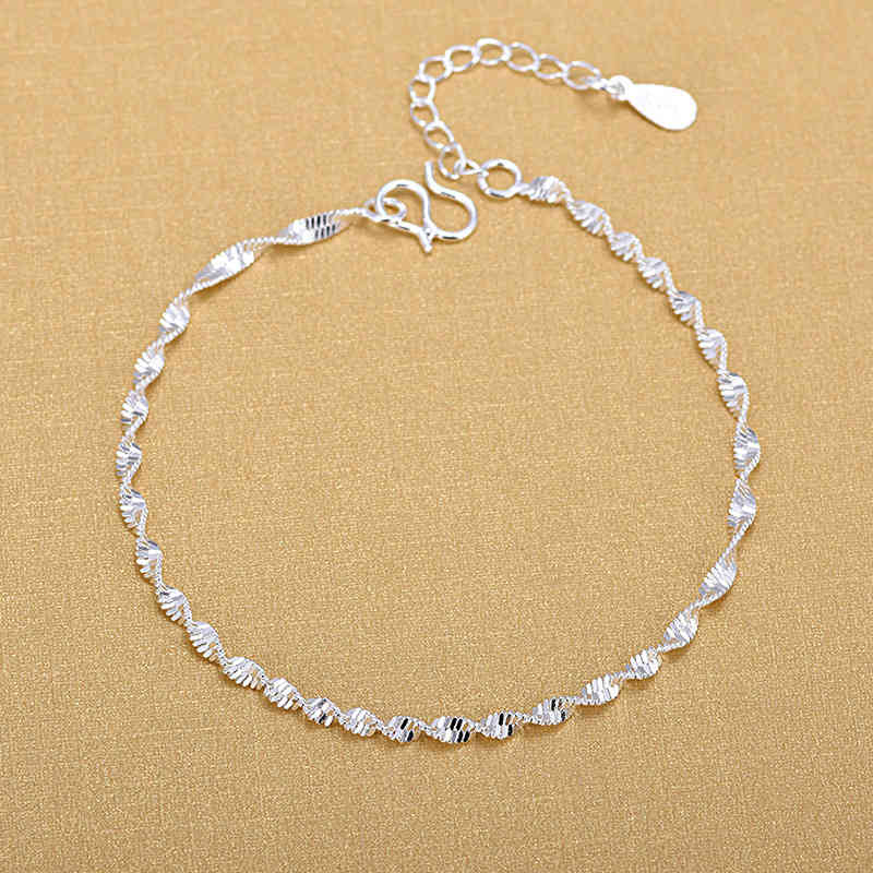 925 Sterling Silver Fashion Simple Elegant Twisted Chain Bracelets Jewelry For Woman Wave Anklet Gifts 210507