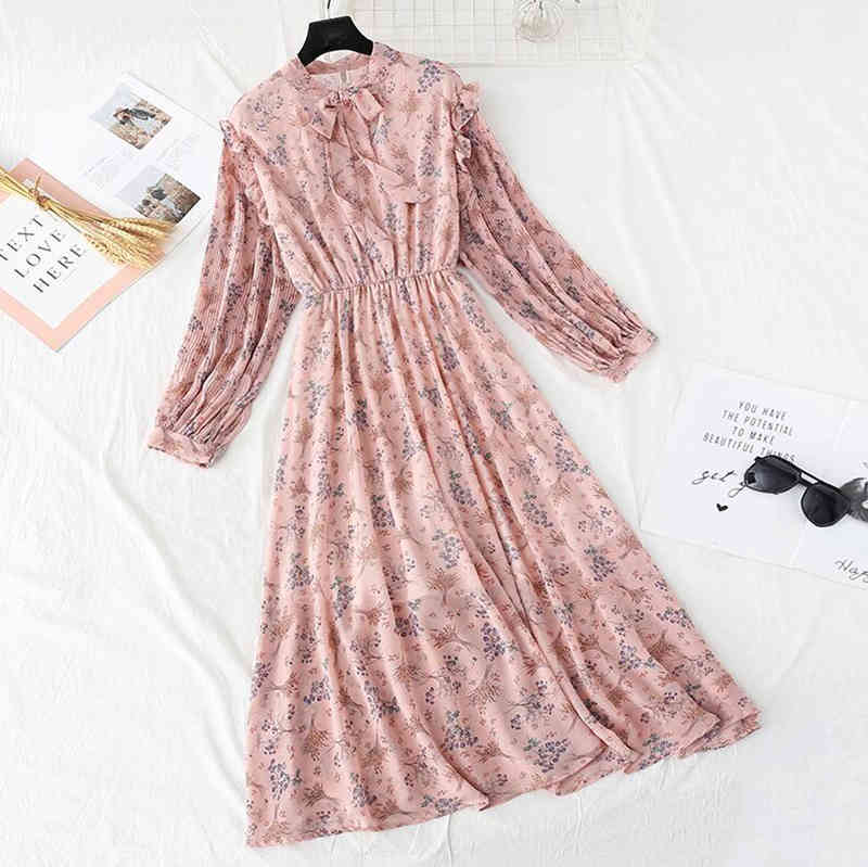 Elegant O-Neck Ruffles Women Dress Elastic Waist Print Chiffon Dress Spring Vintage Long Sleeve Bow Midi Dress Vestidos 210521