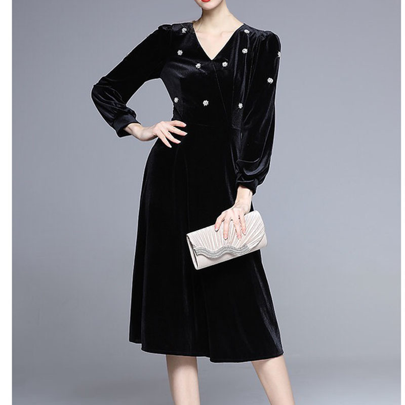 elegant v-neck long sleeve A-line velvet red crystal buttons midi dress for women spring autumn dresses plus size 2XL 210421