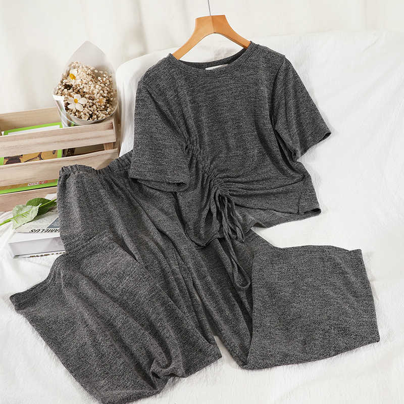 DEAT Women Drawstring Round Neck T-shirt Long Pants Arrivals Two Piece Set Temperament Fashion Spring Summer 11D839 210709