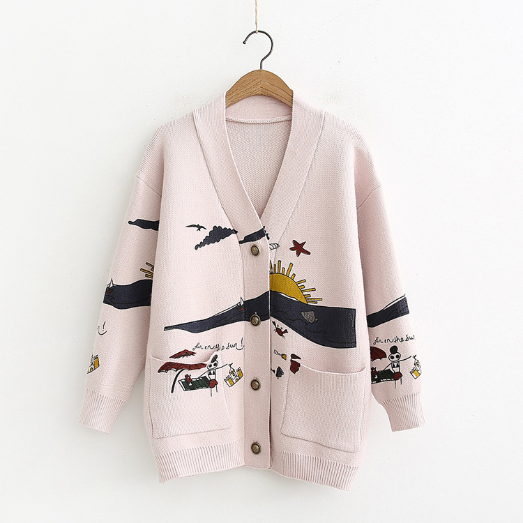 Autumn White Cotton Knitted Cardigan Sweater Women Coat Print V-neck Pockets Female Jumpers Casaul Buttons Women Tops 210415