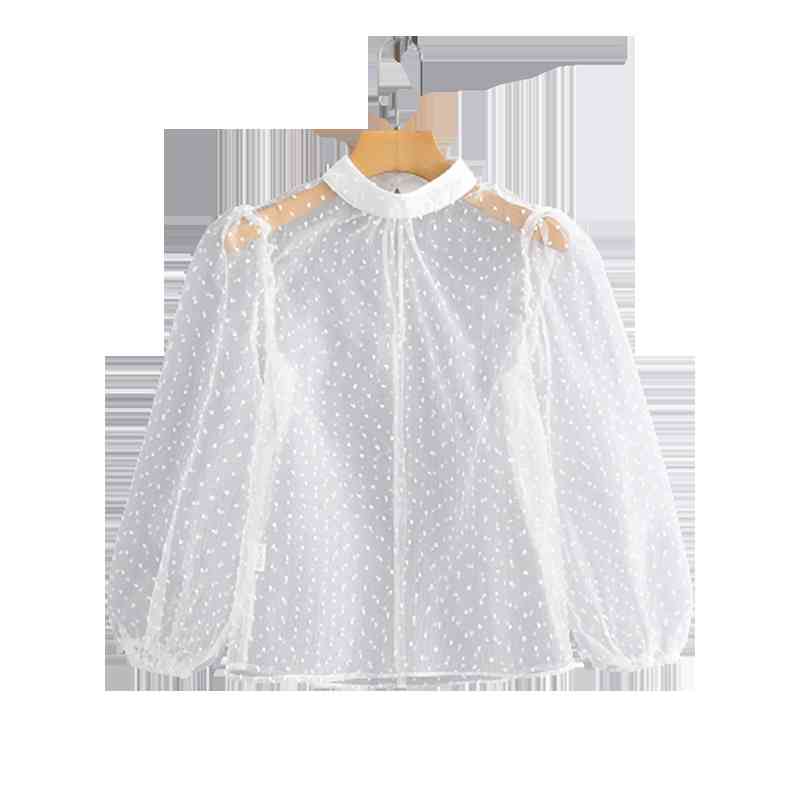 Summer Women Western Style Sexy Mesh Small Dots Round Neck Single-Breasted Tulle Blouse Shirt Female Top 210520, White
Summer Women Western Style Sexy Mesh Small Dots Round Neck Single-Breasted Tulle Blouse Shirt Female Top 210520, White