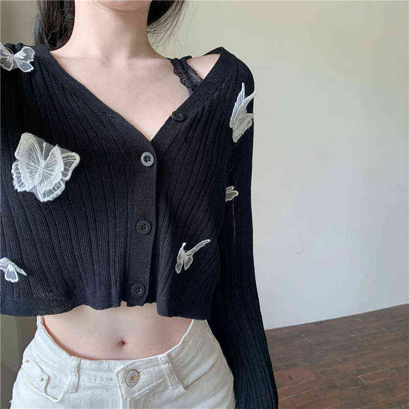 Butterfly Knit Cardigans Women Korean Sexy V-Neck Fitness Crop Tops Ladies Summer Thin Long Sleeved Sunscreen Jackets 211117