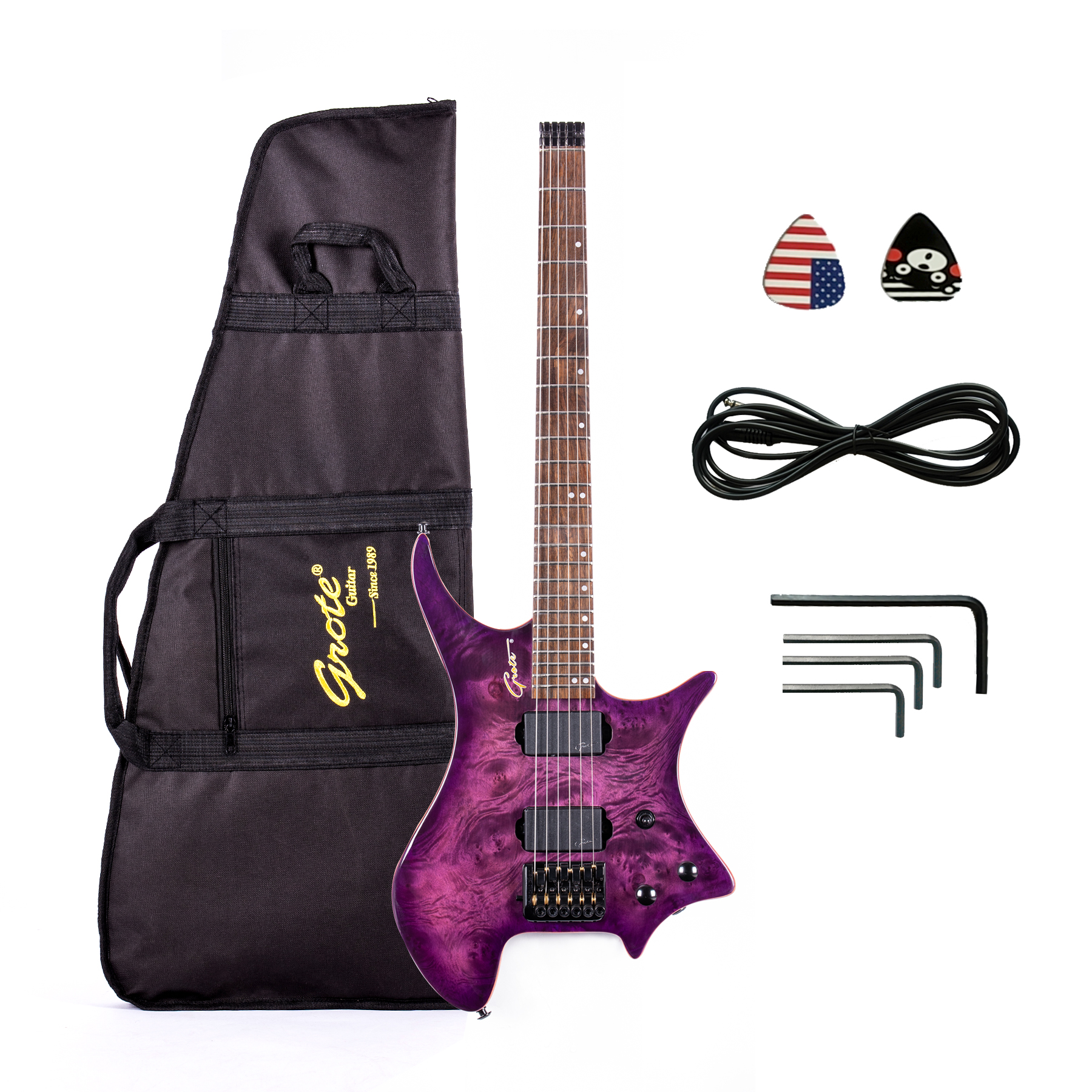 2021 Grote Headless Electric Guitar Burl Figure Veneer Top Body with Gigbag freeshipping