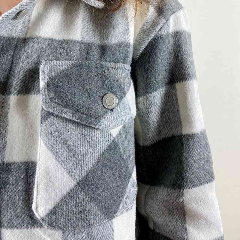streetwear women grey plaid thick shirts autumn fashion ladies pocket shirt female chic loose top casual girls blouses 210430