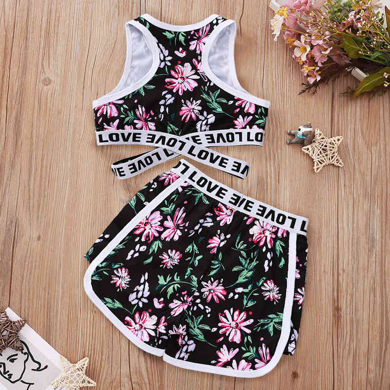 Letter Stitching Sleeveless Vest + Shorts Children's Suit Summer Flower Print Girl Clothes Sports 210515