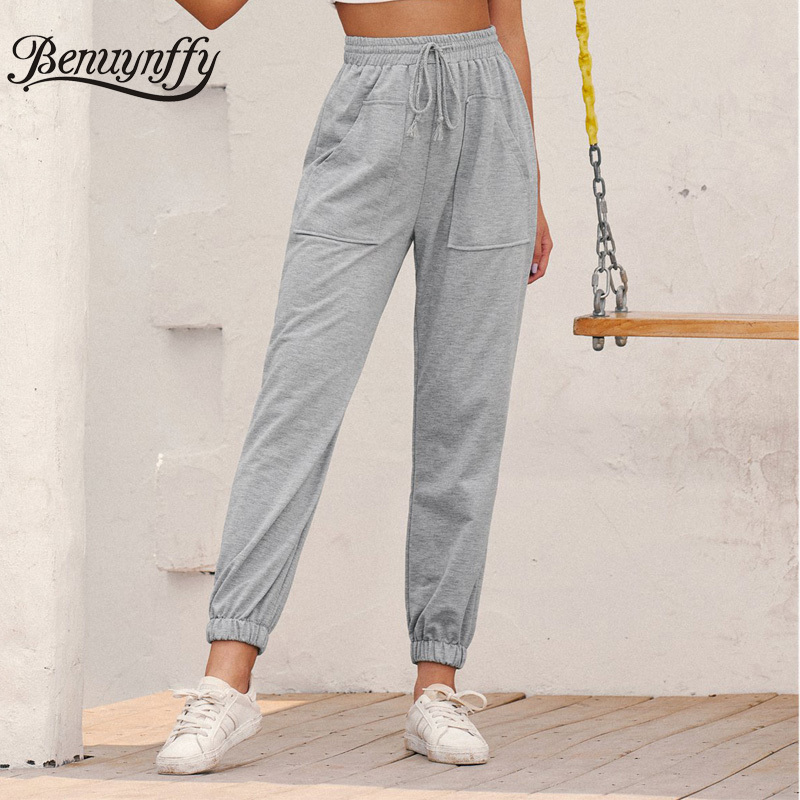Pockets Grey Drawstring Waist Sweatpants Women Autumn Streetwear Casual Korean High Ladies Knitted Sports Pants 210510