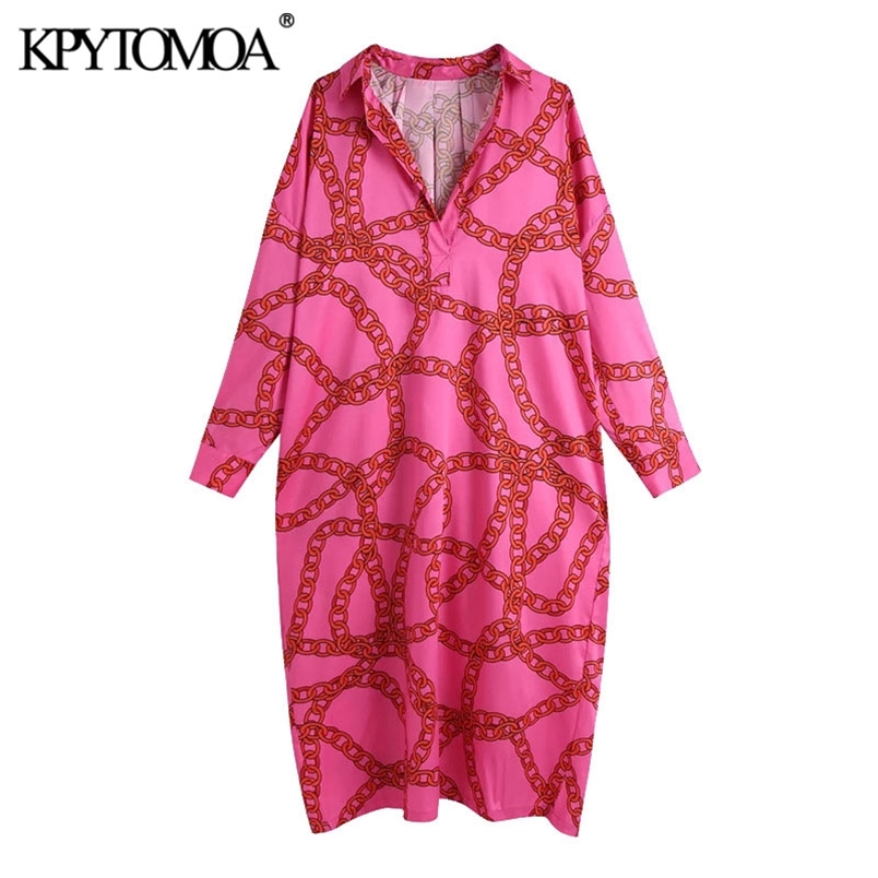 Women Chic Fashion Oversized Chain Print Midi Dress Long Sleeve Soft Touch Female Dresses Vestidos Mujer 210420