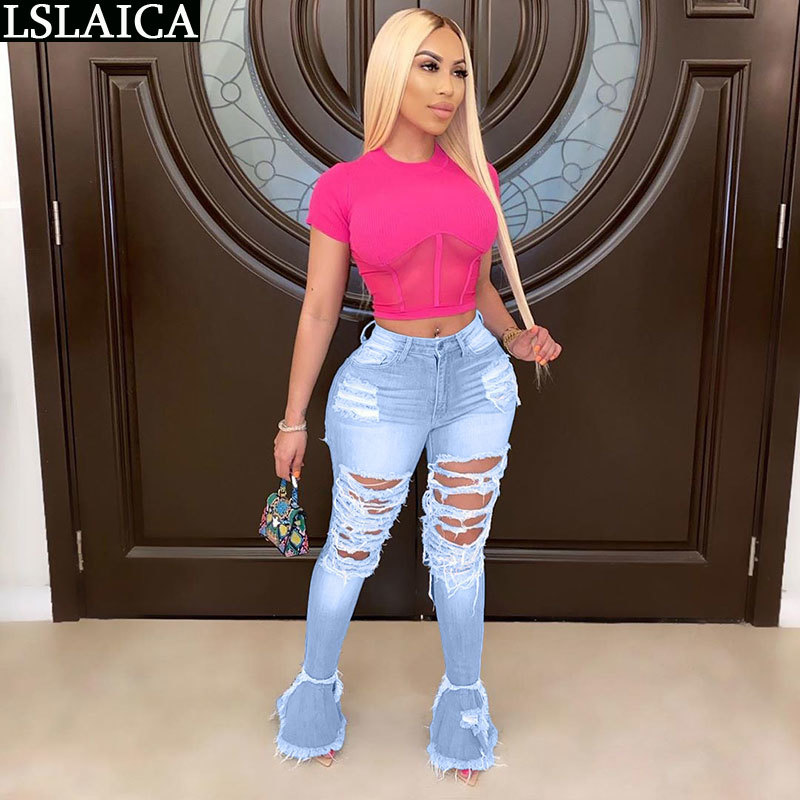 Jeans For Women Casual Hole Whitening Fashion Elegant Long Pants Zipper Tassel Flare Streetwear Denim Pant Trousers 210520