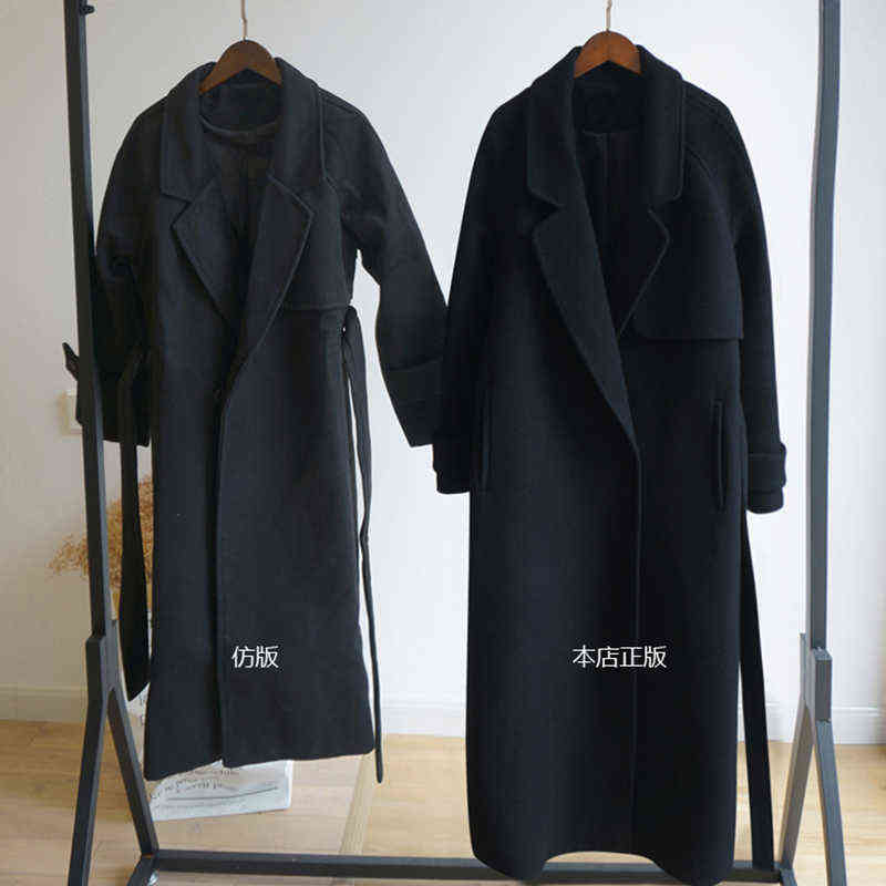 Fall/Winter black woolen coat women's fashion coat loose belt temperament is thin casual wool coat trench Office Lady Long 211104