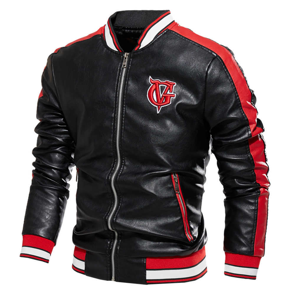 Men Jacket Casual Letter Embroidery Leather Jacket Streetwear Fashion Tops Patchwork Leather Bomber Jacket Autumn Coat Men 211009
