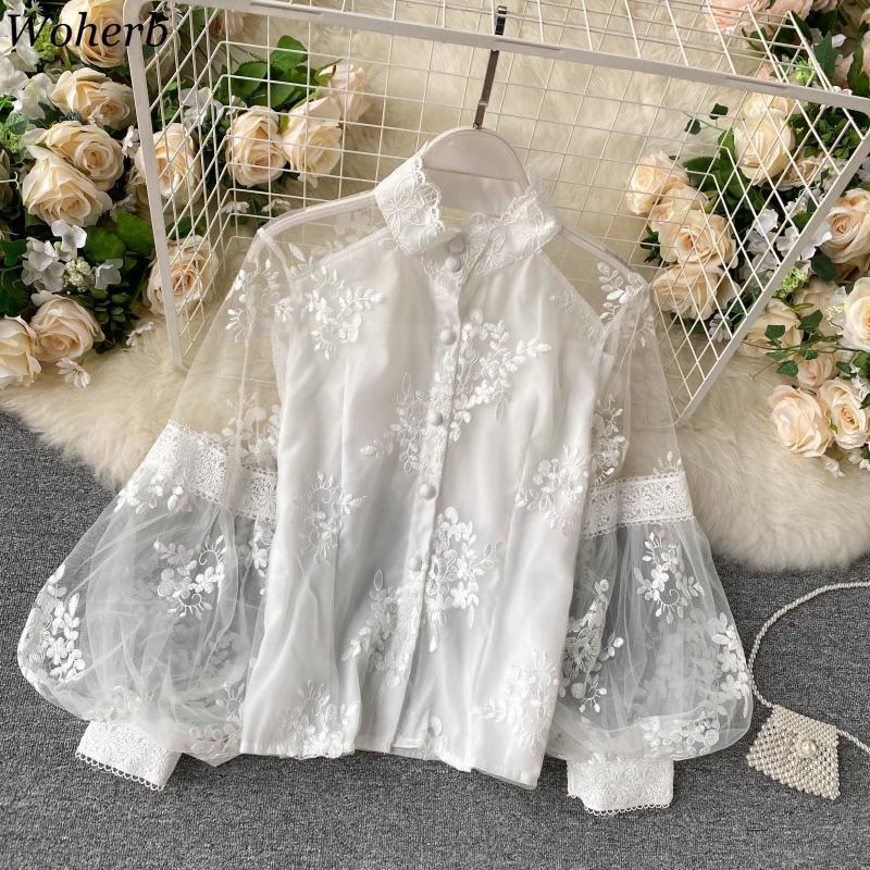 Korean Elegant Puff Long-sleeved Shirt Women Summer Floral Embroidery Blouse Womens Tops Casual Office Mesh Blusas 210519