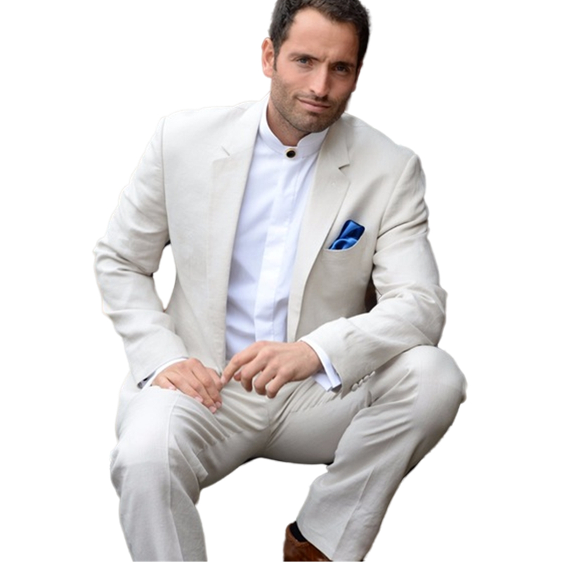 Beach Men Suits Slim Fit 2 Pieces Wedding Tuxedos Groom Formal Wear Dark Ivory Latest Coat Pants Jacket Designs Ivory Summer Man Prom Party Evening Bl