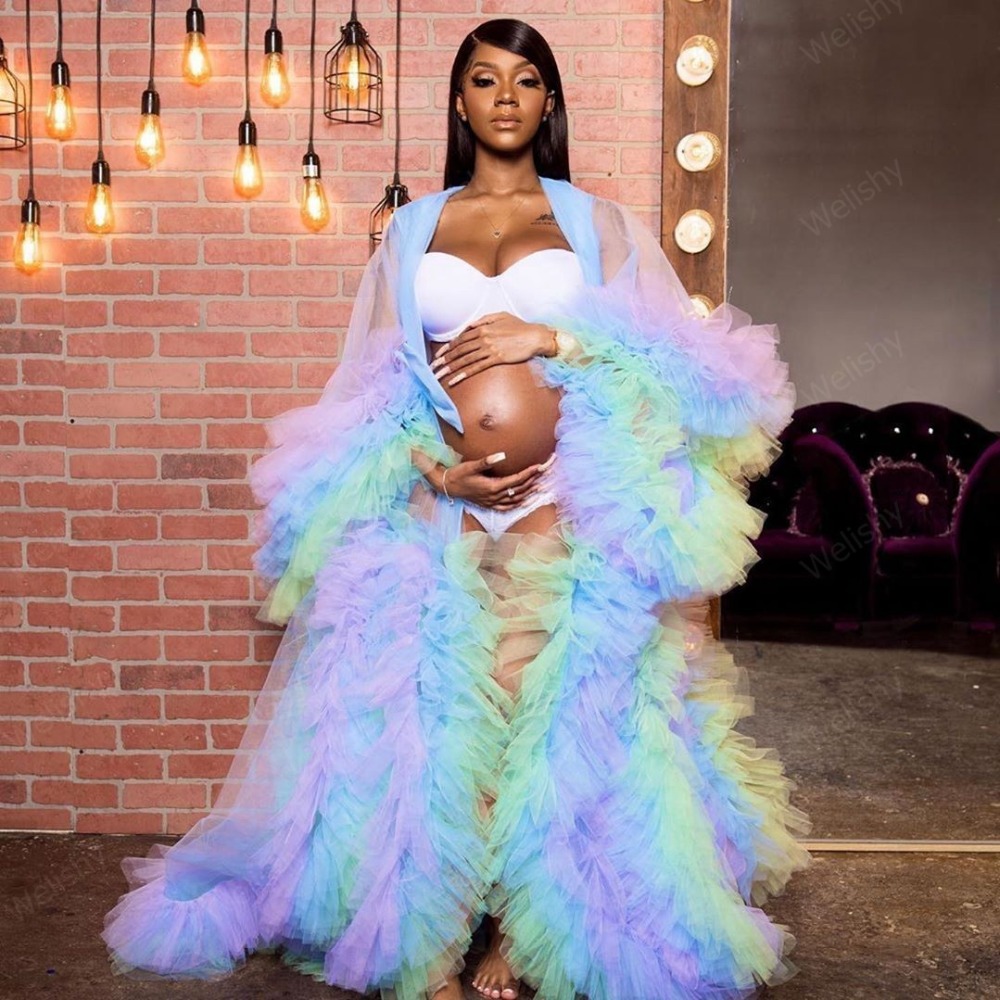 Colorful Tulle Sleepwear Robes Maternity Women Rainbow Bridal Ruffled Photoshoot Dress Long Sleeve Sheer Party Gowns