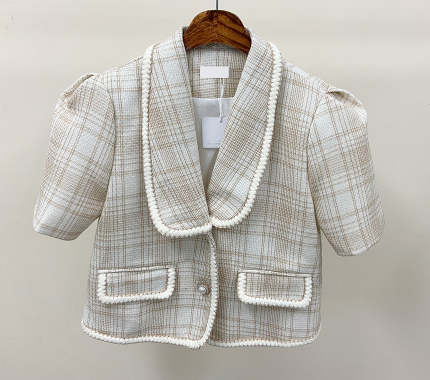 Temperament Ladies Korea Style Plaid Tweed Women Short Sleeve Jacket Spring Elegant Female Fashion Casual Chic Cardigan Top 210519