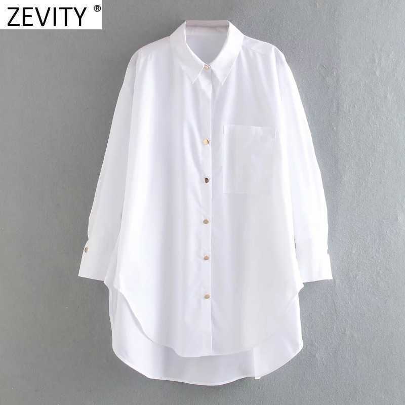 Zevity Women Fashion Solid Color Casual Loose Long Shirt Ladies Golden Buttons Smock Blouses Chic Oversized Chemise Tops LS7365 210603