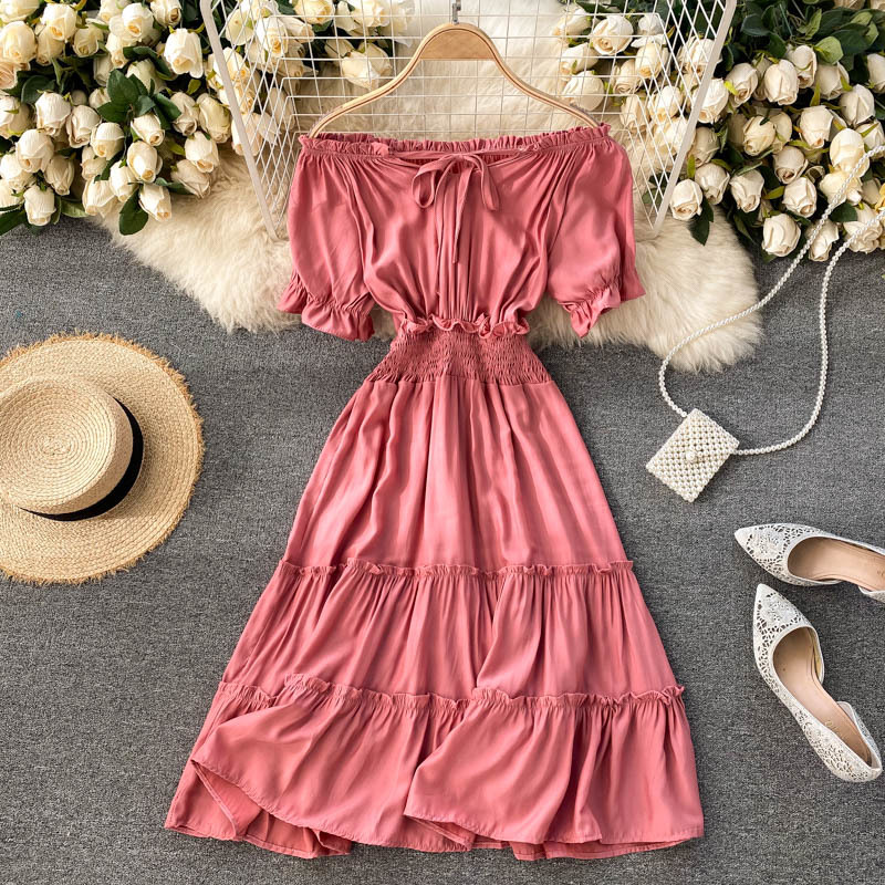 Summer Dresses Solid A-line Short Sleeve Beach Style Sweet Korean Off Shoulder Dress Bow Vestidos High Waist Robe 210519