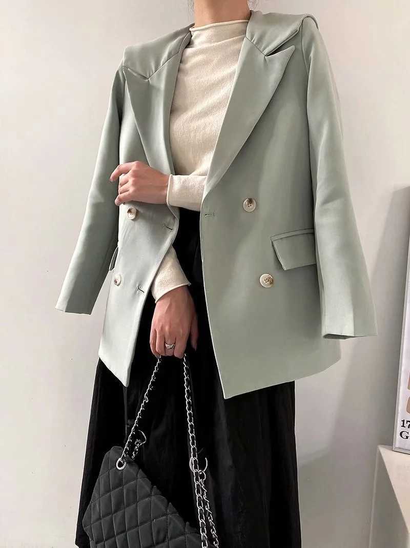XITIMEAO Women Fashion Casual Wear Double Breasted Blazers Coat Vintage Long Sleeves Female Solid Color Outerwear Chic Top 210602