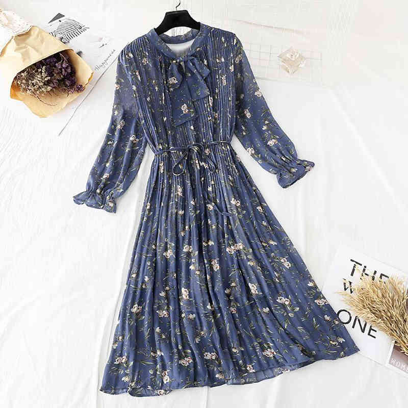 Elegant Women Floral Print Midi Dress Female Casual Long Sleeve Pleated Chiffon Dresses Vintage Bow Ruffle A-line Dress Vestido 210521