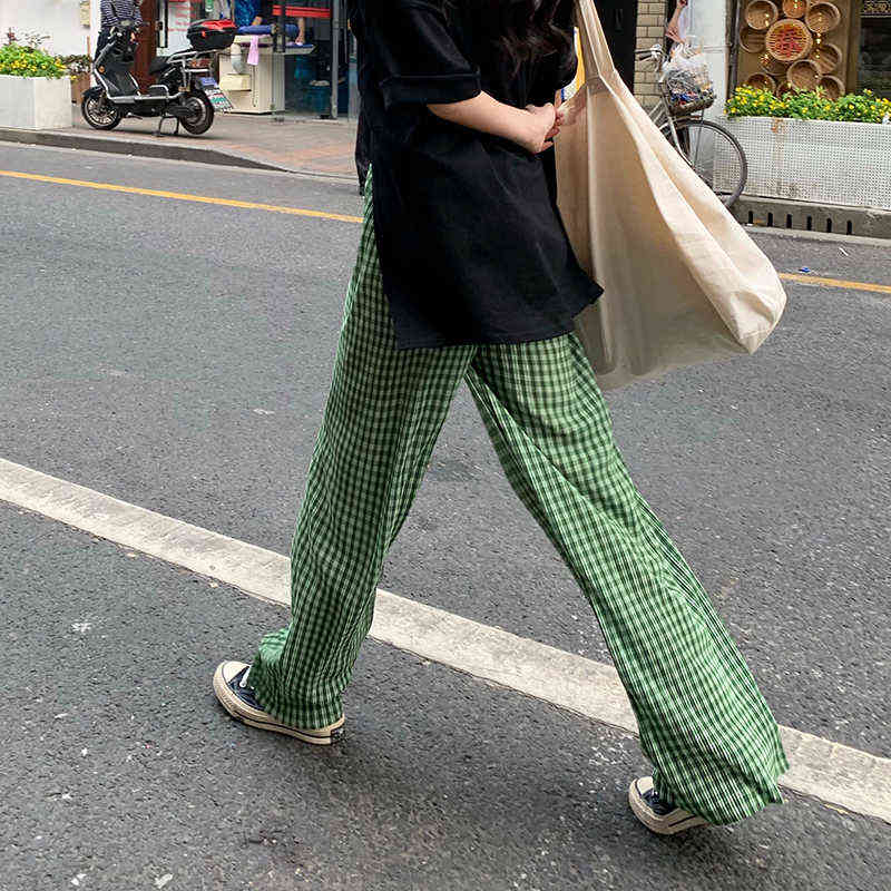 Hzirip Green Plaid Split High Waist Drape Thin Loose Fashion All-Match Women Summer Straight Pleated Casual Mopping Pants 211115