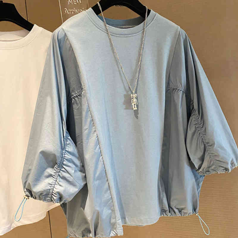 Nomikuma Blouse Women Korean Drawstring 3/4 Sleeve Shirt Causal O-neck Solid Blusas Mujer De Moda Verano Elegantes 6G816 210427