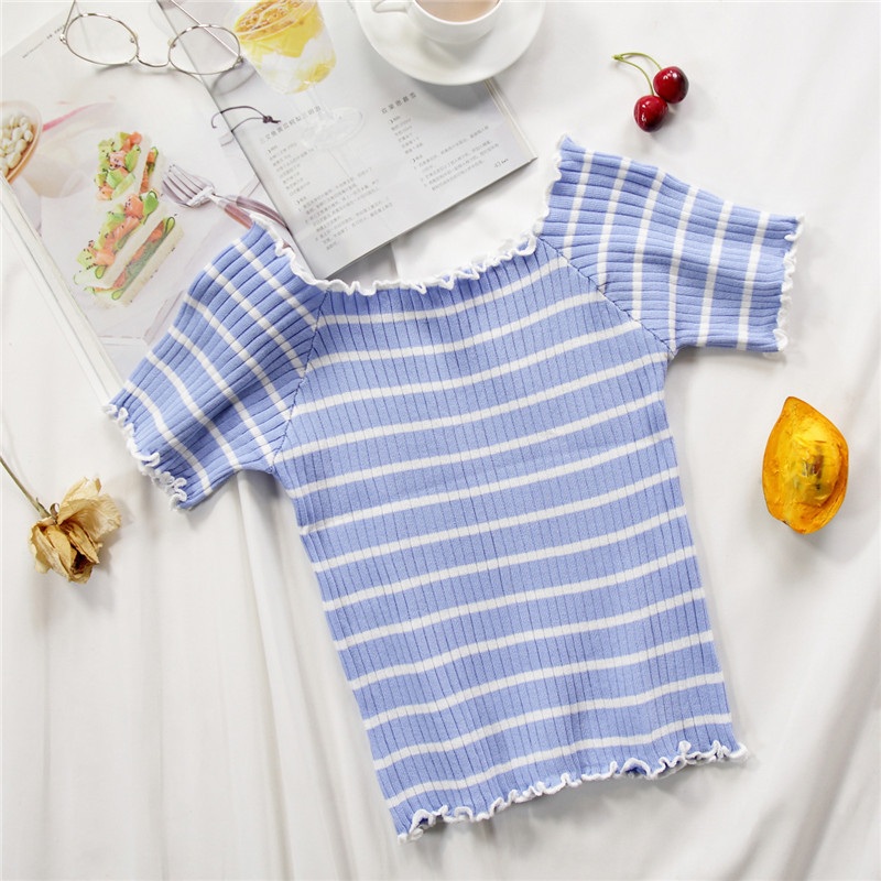 Summer Women Tees Stripes Knitted T-Shirts Flounce Hem Shor Sleeve Off shoulder 210518, Blue
Summer Women Tees Stripes Knitted T-Shirts Flounce Hem Shor Sleeve Off shoulder 210518, Blue